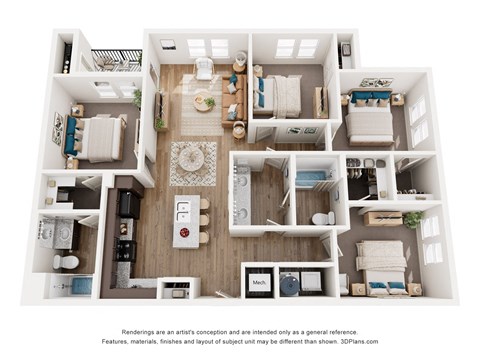 A 3D floor plan of a house with a kitchen, living room, and bedrooms.